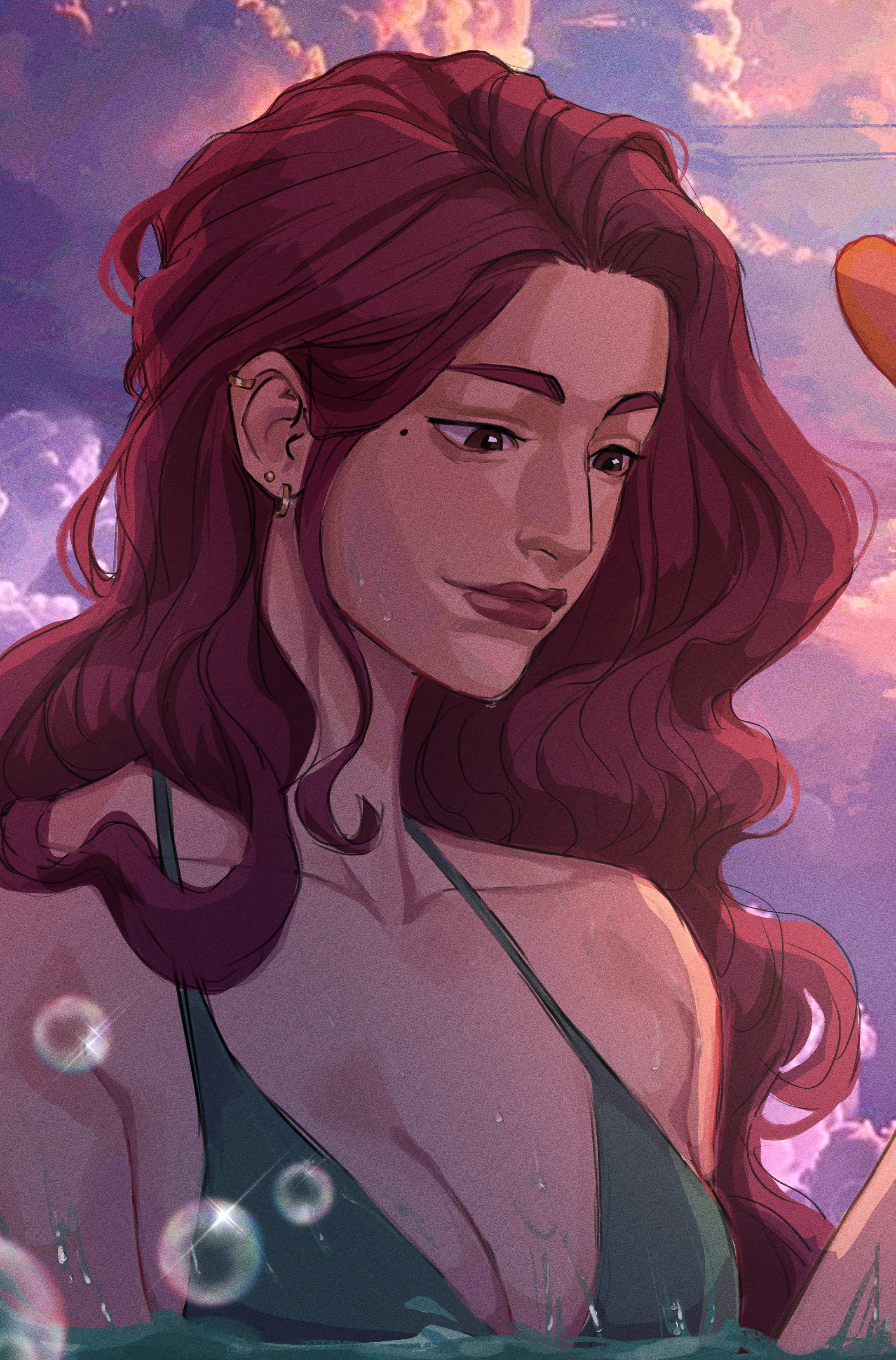 eu mesma, um desenho de uma mulher de cabelos vermelhos no pôr do sol